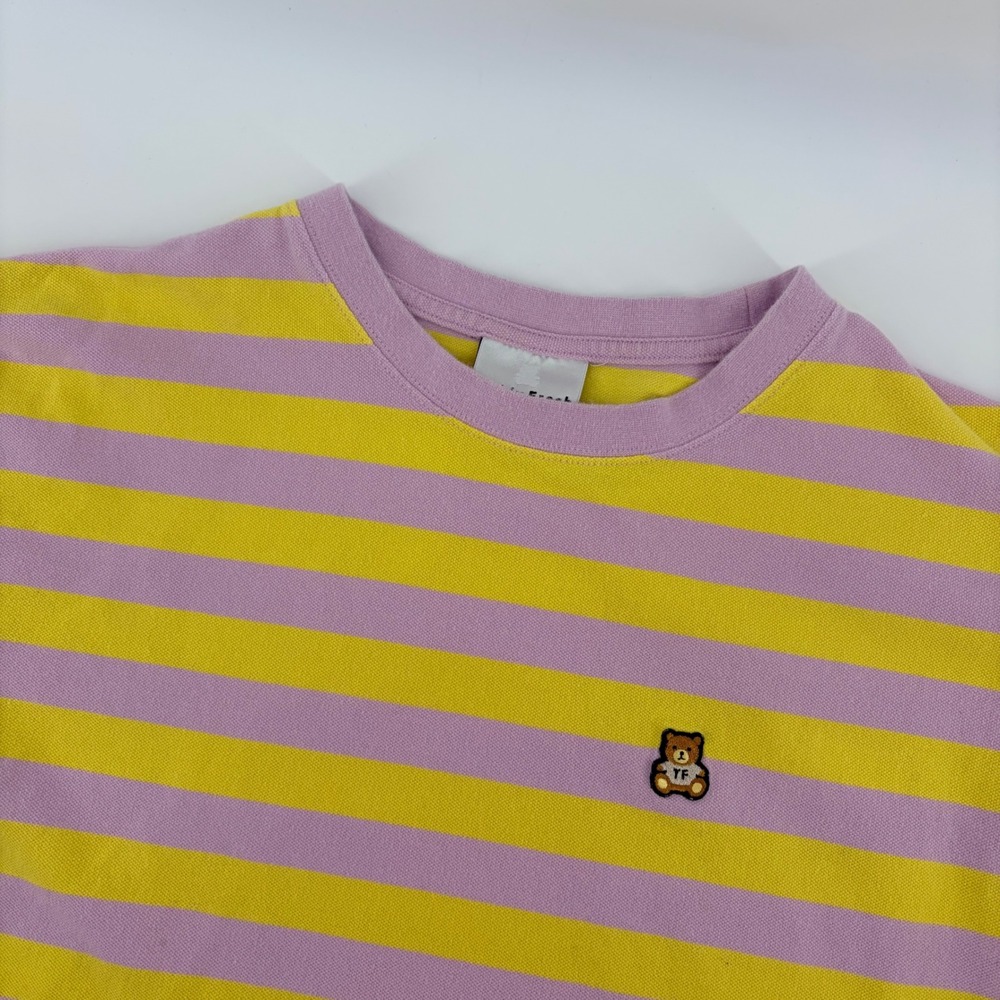 Teddy Fresh Mens Striped Bear Logo T-Shirt Yellow Purple Cotton Large